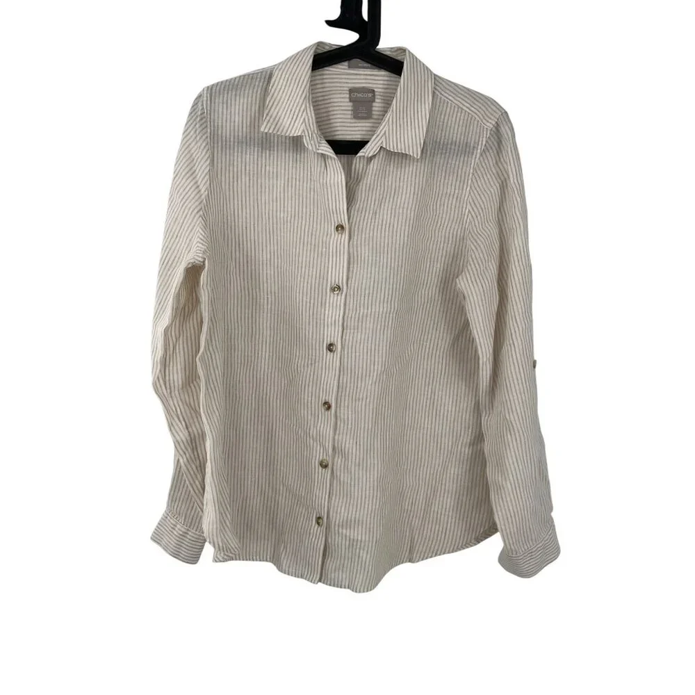 Chico’s no iron 100% linen roll tab button up top shirt size 0.5 S 6 tan striped - Picture 2 of 7